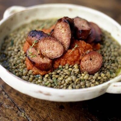 Saucisses chipolatas aux lentilles vertes thermomix