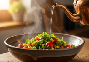 Ajouter l’huile et l’eau chaude