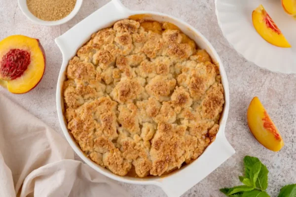 crumble aux pêches doré dans un plat à gratin