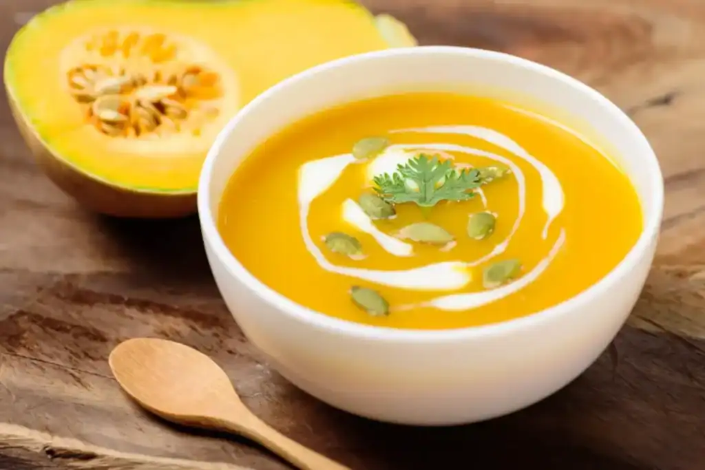 Velouté de courge au thym, servi avec un filet de crème et des graines torréfiées.