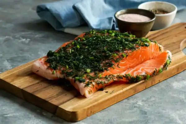 saumon gravlax tranché finement avec aneth frais et sauce moutarde à l'aneth